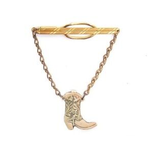 Vintage Gold‎ Tone Cowboy Boot Tie Bar Chain Western Scroll Textured Clip Mens